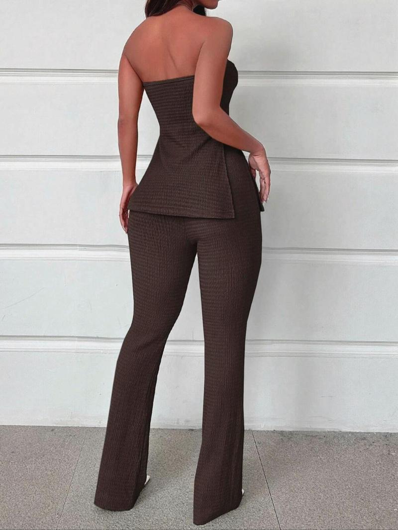 Product Introduction of Two-piece Set Women's Solid Tube Top & Flare Leg Pants Set, Casual Fashion Cozy Top & Bell Bottom Trousers for Daily Outdoor Wear, Ladies Clothes for All Seasons 5
