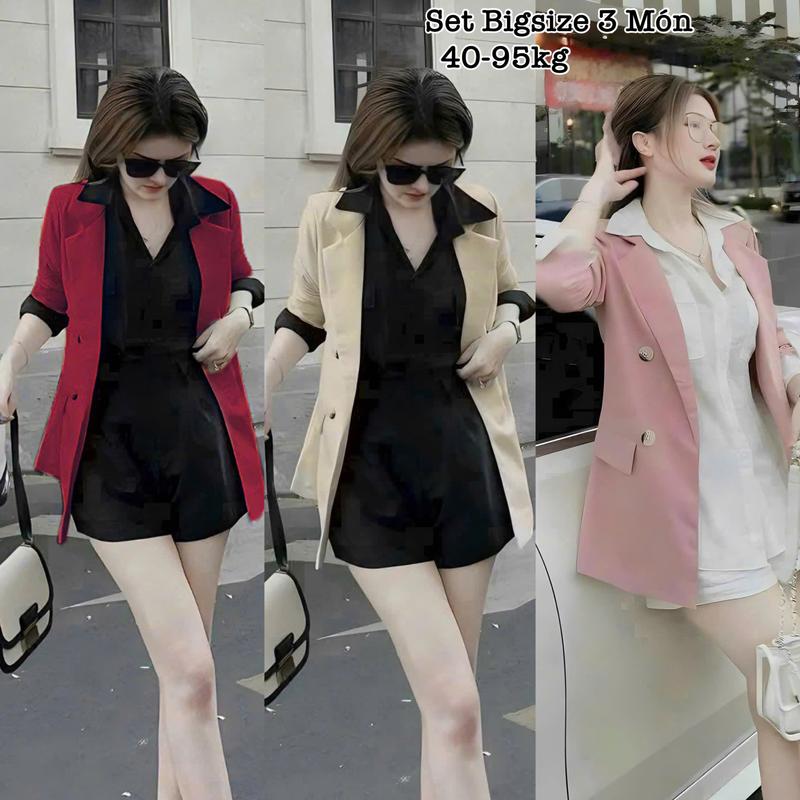 Set Đồ Bigsize Nữ Sơ Mi Tay Dài Lụa Phối Quần Short Kèm Áo Vest Blazer Lụa Chéo Cao Cấp Thiết Kế Dự Tiệc, Đi Làm, Đi Chơi Xinh Đẹp Sang Trọng  50-95kg