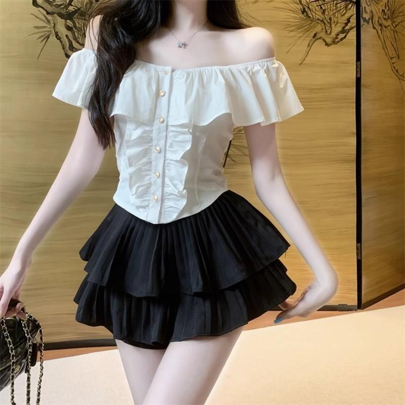 Áo Sơ Mi Trễ Vai Cho Nữ, Áo Ngắn Tay, Phong Cách Mùa Hè, Eo Thon, Thời Trang