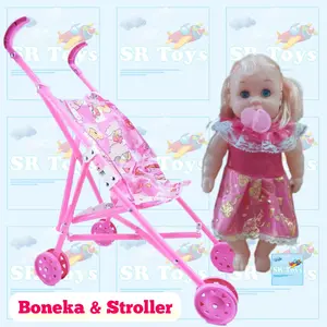 Mainan Boneka Stroller Lengkap Nangis Mama Papa dengan Troli Bayi Anak Perempuan Plastik Dolls Toys