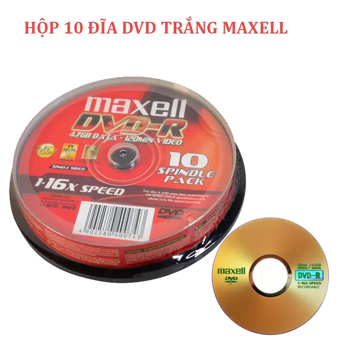 Đĩa DVD trắng Maxell, 1 hộp 10 đĩa, hàng chính hãng, hộp nguyên seal