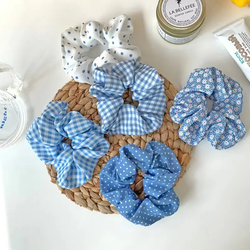 cincin rambut biru laut tali rambut Korea kotak-kotak sederhana ikat rambut aksesoris rambut wanita scrunchie Kunciran Ikat Rambut Cepol Hijab