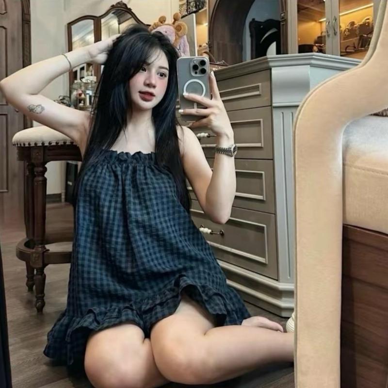   XẢ KHO Sét đồ ngủ 2 dây pijama chất đũi thô họa tiết caro nhiều màu có size 