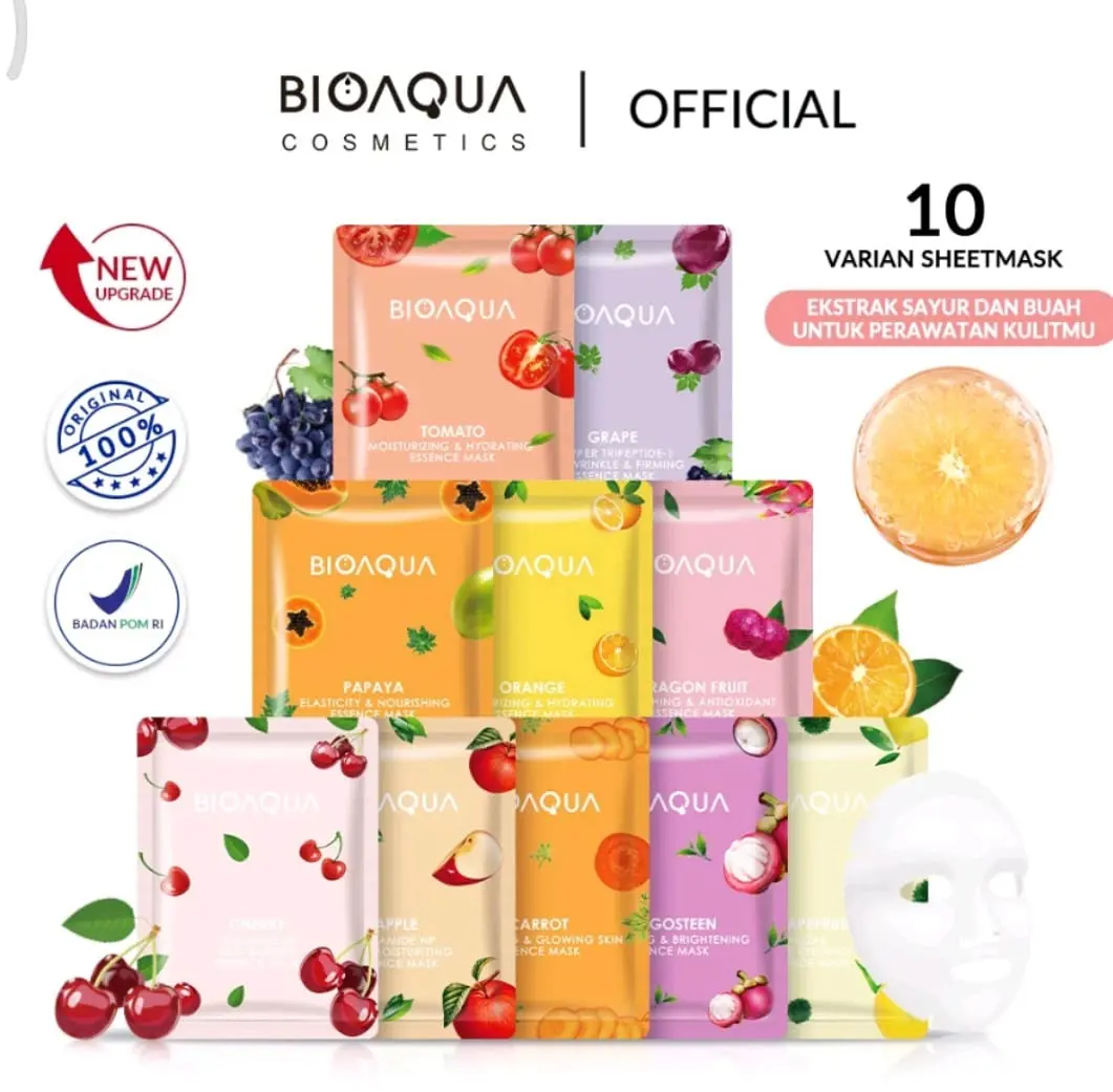 Bioaqua Cosmetics  sheet mask fruit masker wajah hydrating whiteing moisturizing Mask 25g