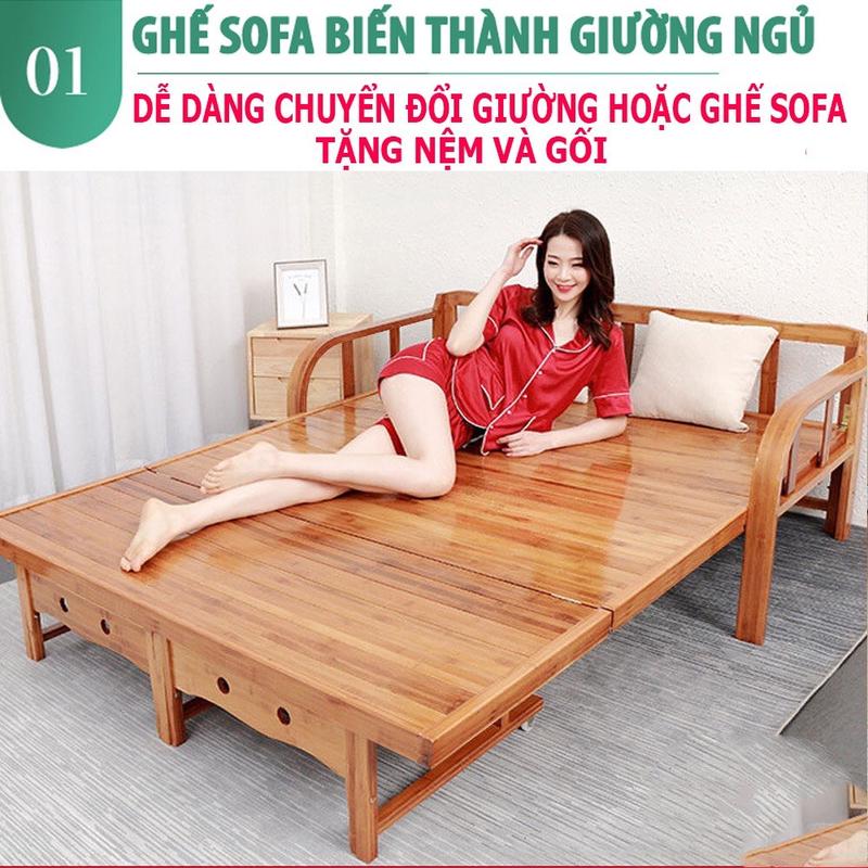 (Gía Xưởng) Sofa giường gỗ gấp gọn thành ghế đa năng thông minh,chất liệu tre tự nhiện,tặng kèm đệm và gối ôm,mã B049