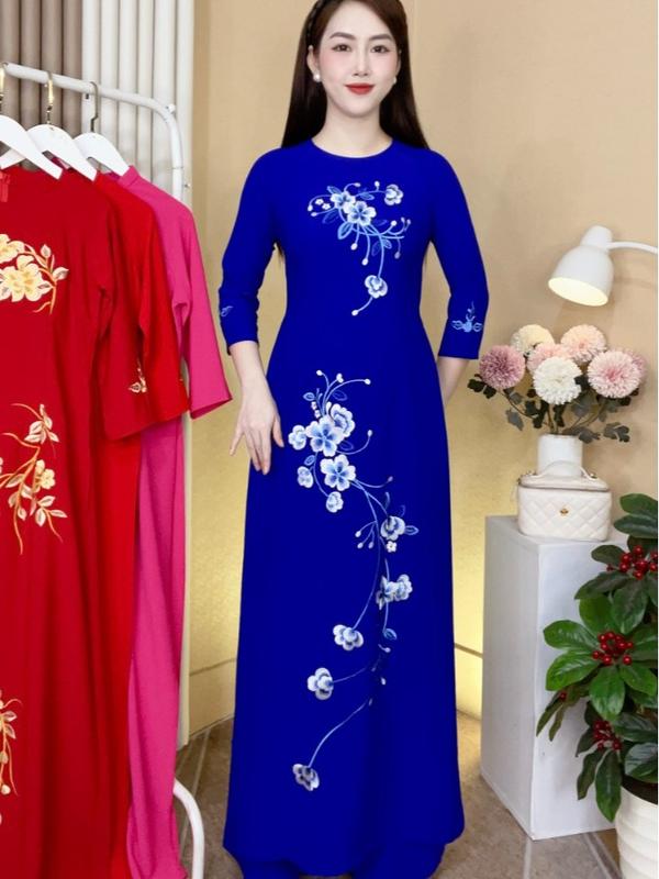 [A6] Áo Dài Coban Lụa Mỹ cổ tròn thêu lắc tay thủ công [A6] Nữ Voi