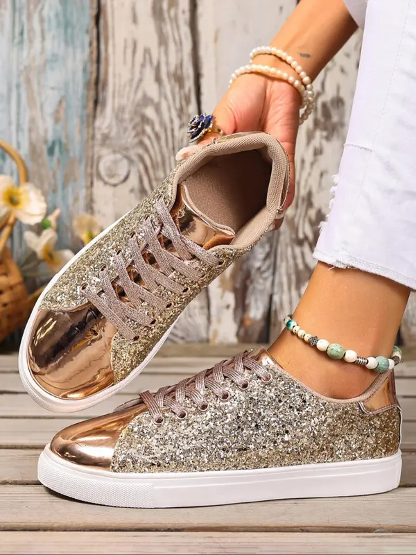 Metallic Sequined Korean Style Shoes, Trendy Casual Footwear for Students, Sparkling PU Leather with Rubber Sole 8