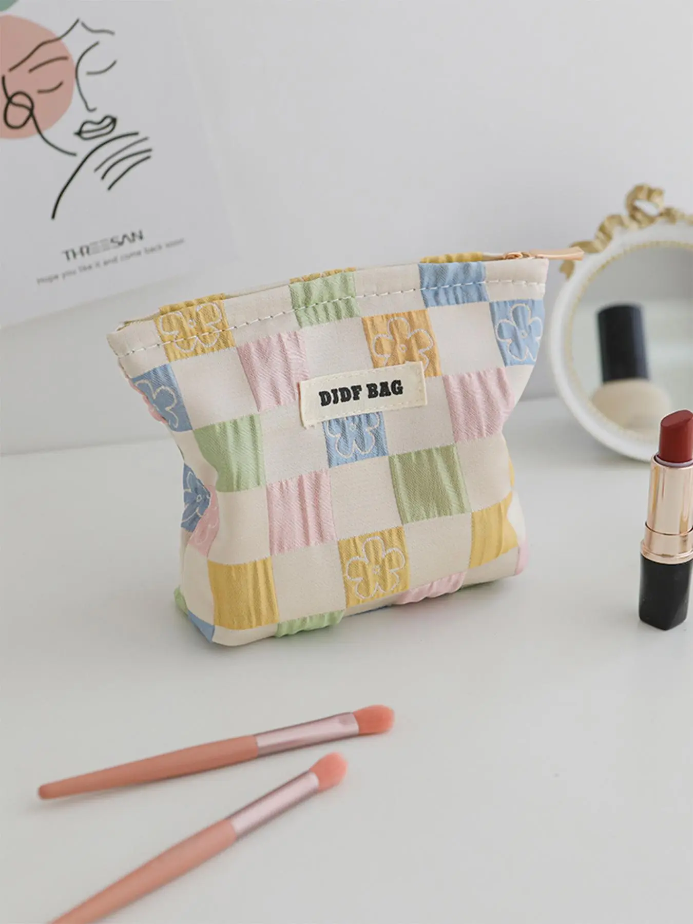 Colorful Plaid Pattern Makeup Bag, Portable Cosmetic Storage Bag, Zipper Makeup Organizer Pouch, Versatile Storage Bag for Skincare, Lotion, Cream, Lip Balm, Eyeliners, Mirror