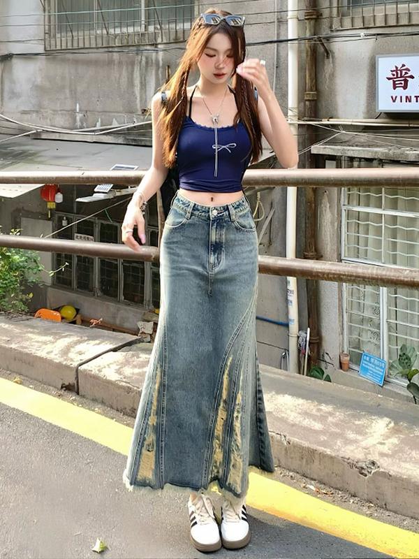 Chân váy jean đuôi cá rách gấu ôm body nữ váy bò dài xẻ tà ngang màu xanh đen V14 - S/M/L/XL 5