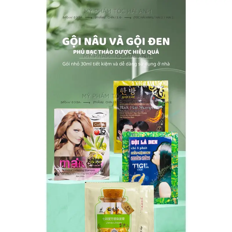 Dầu gội đen tóc 1 GÓI - Phủ bạc tại nhà đen tóc Gội là đen tigi, nhân sâm Hàn 7