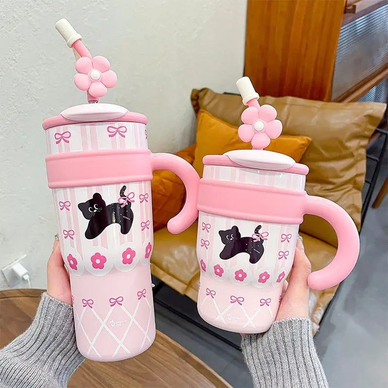Cốc Nước Dung Tích Lớn, 700 / 1200ml, Có Ống Hút Và Tay Cầm, Thép Không Gỉ, Cách Nhiệt, Thích Hợp Cho Văn Phòng, Cốc Cà Phê, Thể Thao Hoạt Hình, Cốc Kem