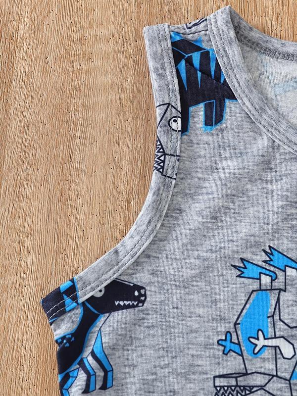 Toddler Boy's Cartoon Dinosaur Print Tank Top & Shorts Set, Casual Sleeveless Top & Shorts, Summer Outfits Clothes for Kids 2