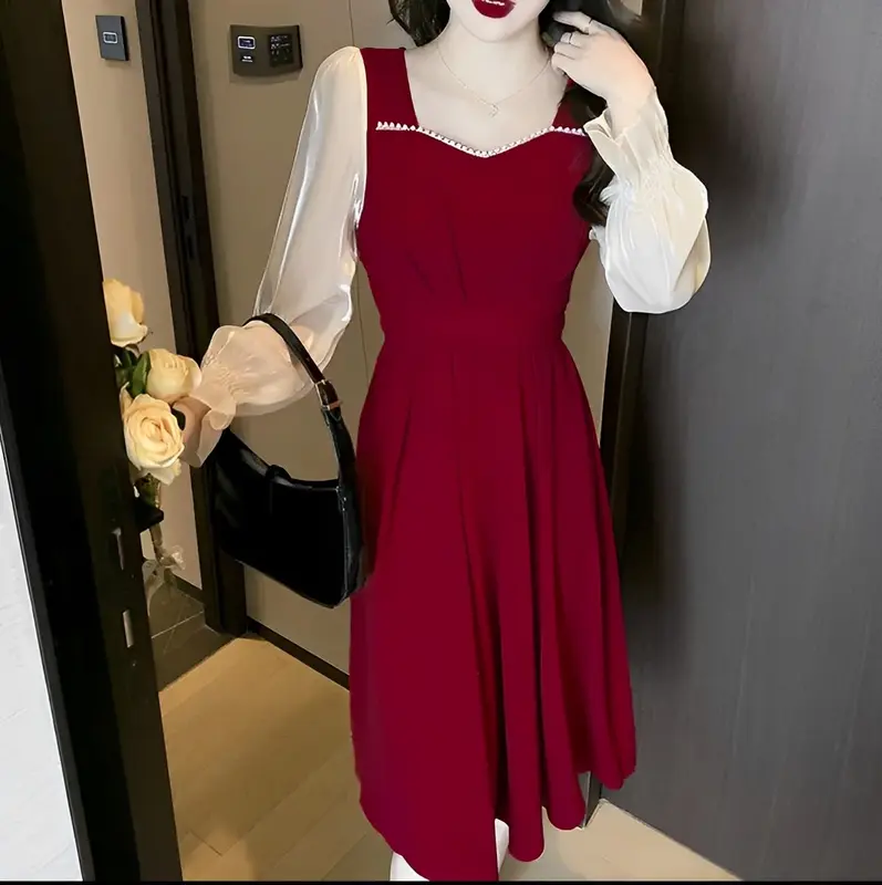 Bless Naomi Dress Midi Vintage Wanita Style Square Neck Lengan Balon Scuba Baju  Gaun  Pesta  Panjang 5