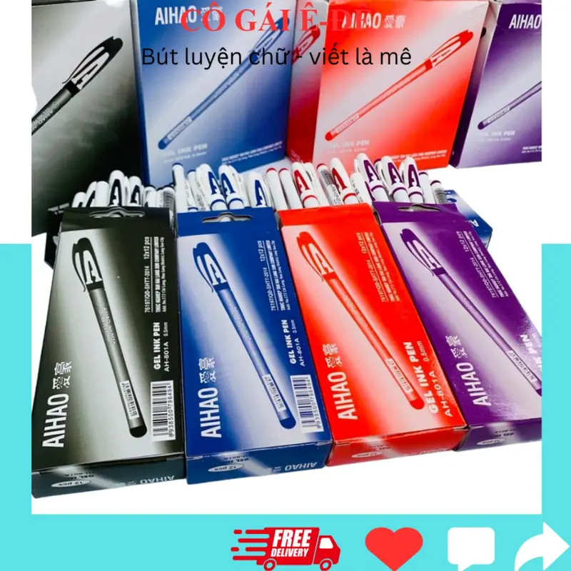 Hộp 12 bút gel chữ A Aihao mực Xanh/Tím ngòi 0.5mm phù hợp cho học sinh tiểu học, bút gel văn phòng, bút học sinh 2