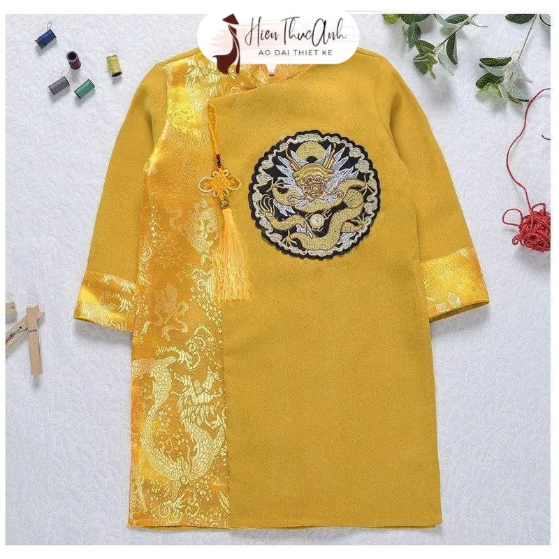Áo dài cách tân bé trai bigsize thêu Mặt Rồng Phối Gấm tròn ngực kết hợp với khánh HTA305 - Áo dài Hiền Thục Anh 1