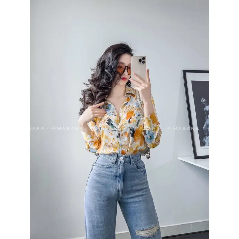 Áo sơ mi nữ dài tay lụa cao cấp công sở họa tiết hoa vàng cam nhẹ nhàng thanh lịch , áo sơ mi thiết kế NH Boutique
