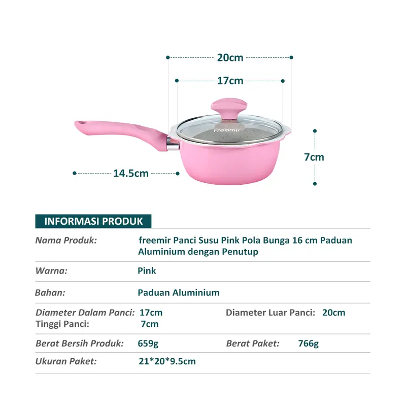 [freemir] Panci Susu MPASI Anti Lengket Bunga Tutup Kaca Gagang Bakelite Anti Panas Kitchenware 7