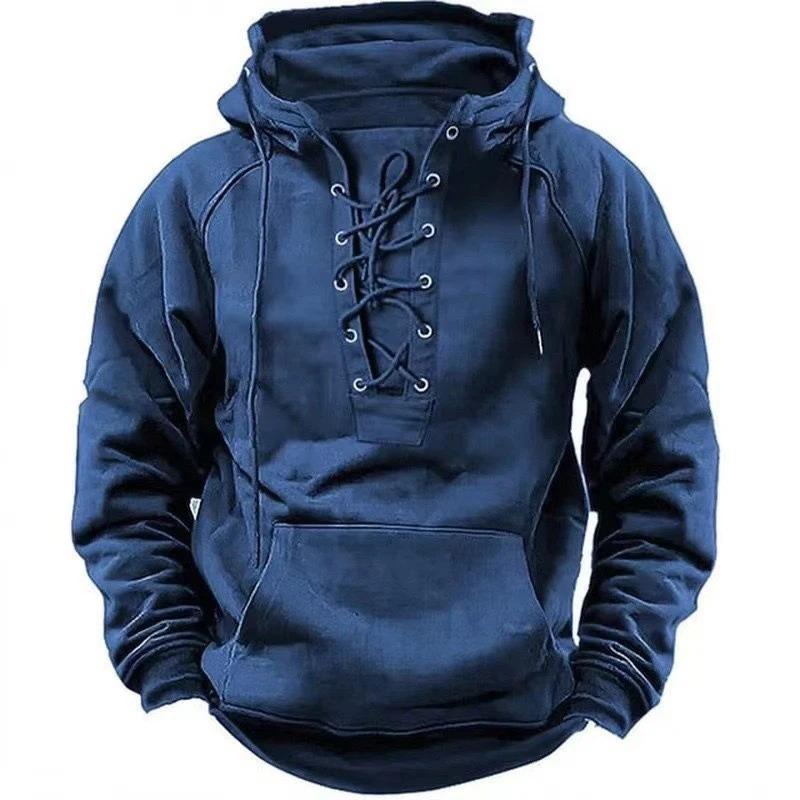 TikTok Shop 2024 Fall Trendy Mens Hooded Sweatshirts Lace up Drawstring Long Sleeve Loose Hoodies Men Streetwear Vintage Solid Color Hoodie