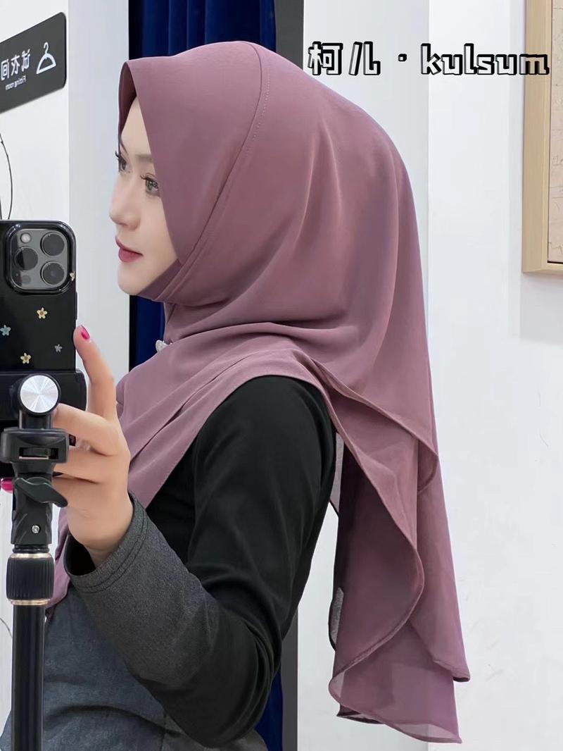 Product Introduction of Malay New Chiffon Dovetail Double-Layer Pullover Solid Color Brim Headscarf Fashion Convenient Casual Veil Headgear Scarf Footwear 19