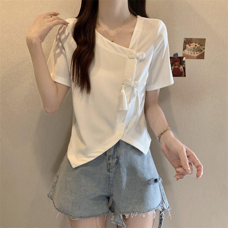 Product Introduction of Women's New Chinese Button Irregular Short T-shirt Fat Mm Cover Belly V-neck Top Womenswear Blouse Check Flat 10