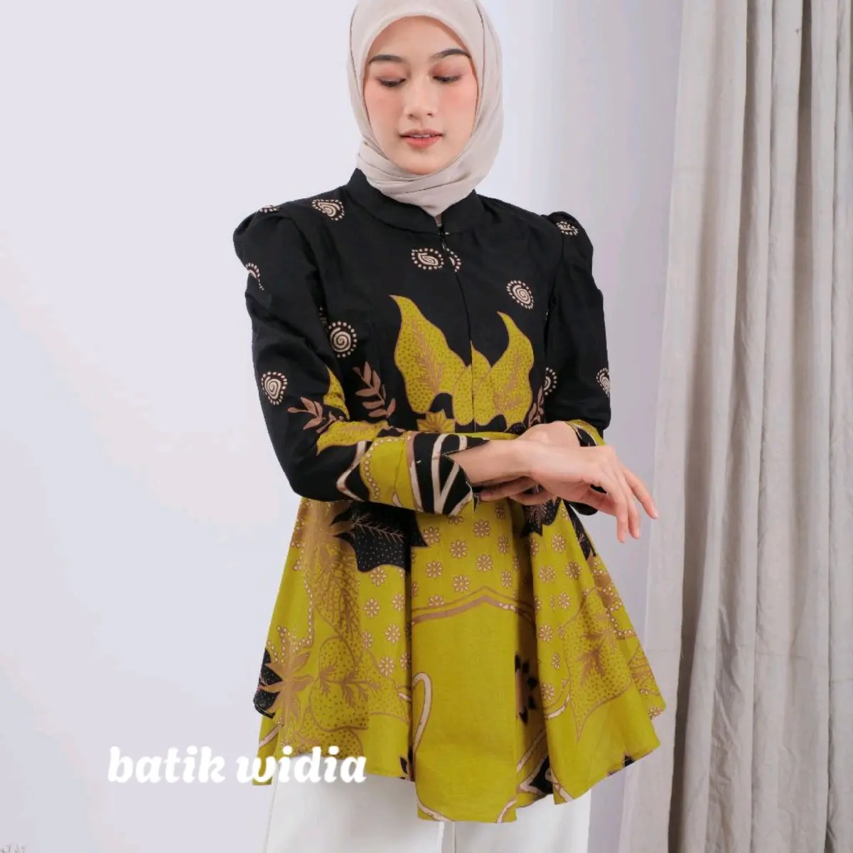 Batik Wanita Modern Model Peplum Payung Lebar Blus Akasia by Batik Widia Baju Katun Motif Muslim