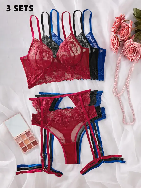 Women's Solid Lace Sexy Lingerie Three-Piece Set, Push Up Bra & Thong & Garter Belt Set, Soft Comfy Breathable Lingerie Set for Women 1