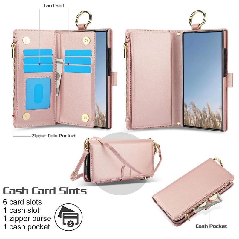 PU Leather Phone Case with Card Slots, 1 Count Zipper Wallet Design Phone Case with Finger Ring Buckle, Phone Accessories for Samsung Galaxy 1