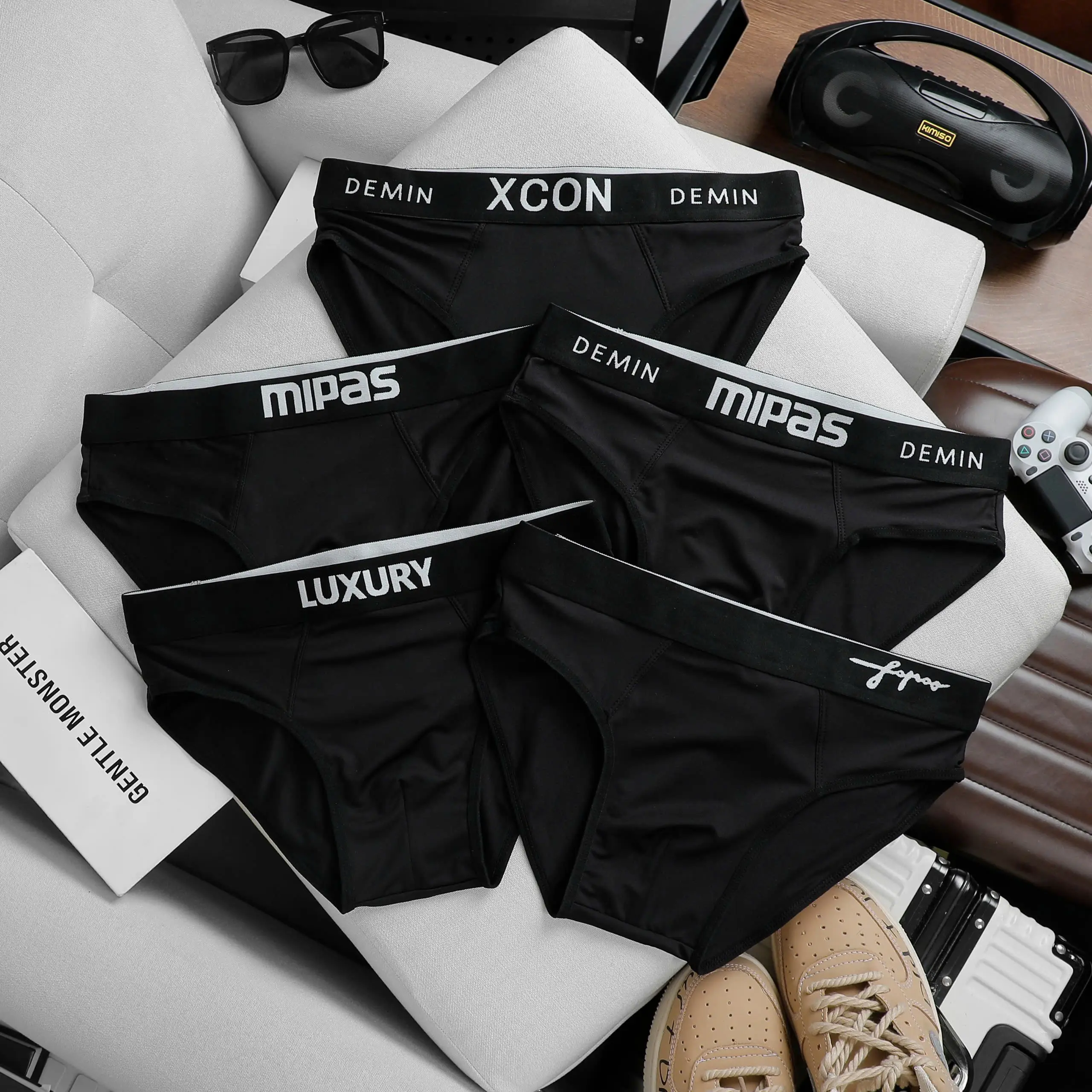 Combo 5 Quần Sịp Nam (CÓ SIZE 22-105KG) Menswear tam giác màu đen kháng khuẩn co giãn 4 chiều, Quần Lót Nam cao cấp 5 mẫu full đen vải thun lạnh mã T01 (Che tên khi giao hàng) Quần Boxer Xì nam