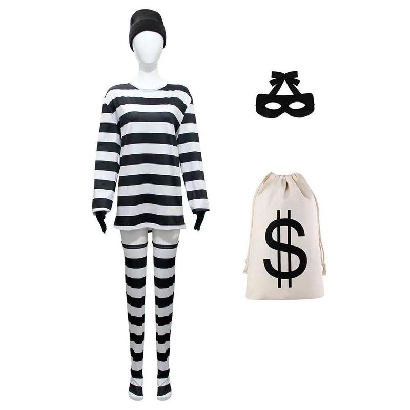 Product Introduction of Halloween Christmas Thief Cos Costume Black and White Striped Thief Cosplay Funny Costume Hat Purse Full Set 3