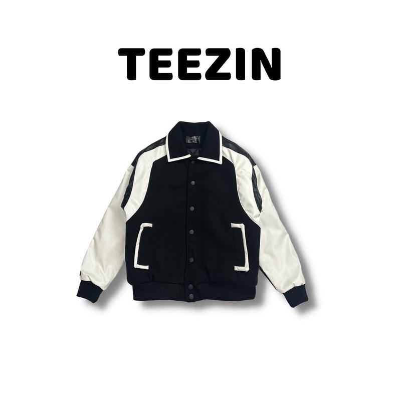 Áo khoác Varsity trần bông TEEZIN form boxy, áo khoác trần bông unisex dạ phối da cao cấp -TZ16