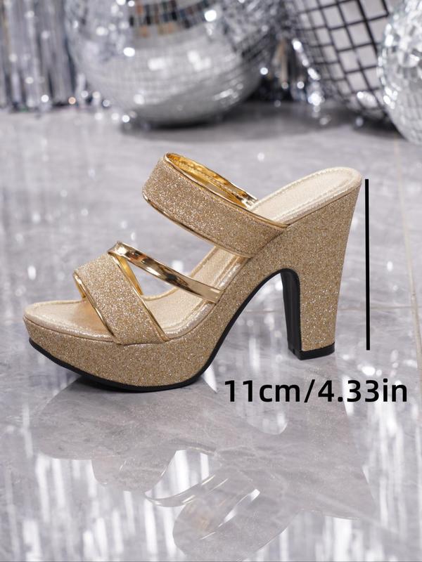 Women's Fashionable Glittering Heeled Sandals, Elegant Open Toe Sandals for Party, Daily Clothing Decor for Women & Girls, Walking Shoes 6
