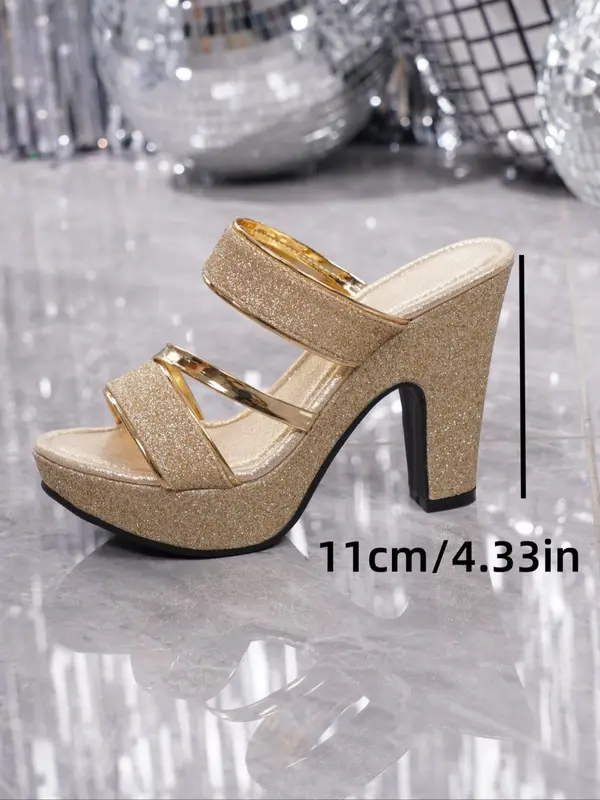 Women's Fashionable Glittering Heeled Sandals, Elegant Open Toe Sandals for Party, Daily Clothing Decor for Women & Girls, Walking Shoes 6