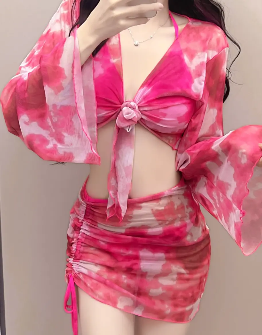 Bikini Loang Màu Set 4 Món, Áo Choàng Dài Tay , Váy Rút Dây, BK004 MayBlue.