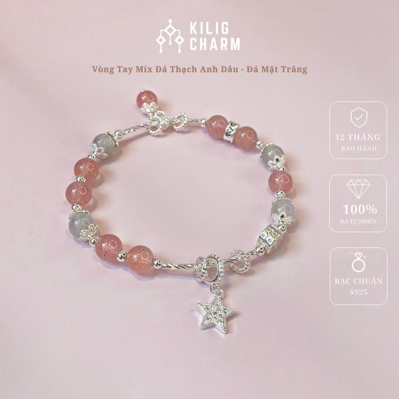 Lắc Tay Vòng Tay Bạc Năng Lượng Thạch Anh Dâu Mix Đá Mặt Trăng Phụ Kiện Dành Cho Nữ Thu Hút May Mắn Tình Duyên KILIG CHARM KC06