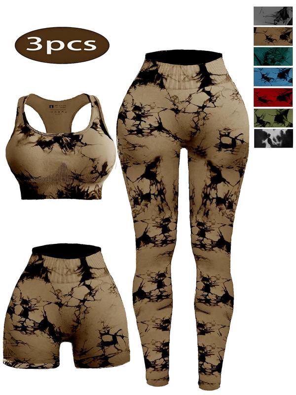 Women's 3pcs Tie Dye Print Ruched Sports Bra & High Waist Leggings & Skinny Shorts Tracksuit Set, Sleeveless Straps Top & High Stretch Seamless Yoga Pants & Shorts Fitness 4