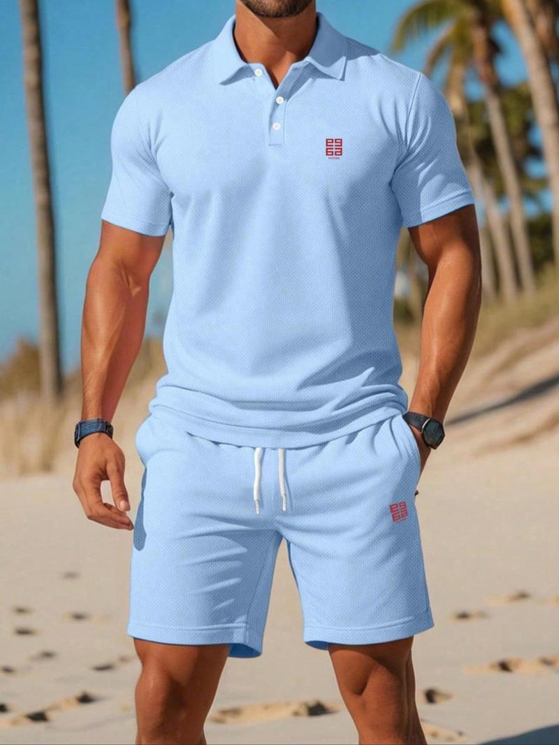 Product Introduction of Men's Letter & Geometric Print Polo Shirt & Shorts Set, Regular Fit Casual Short Sleeve Top & Track Shorts, Men Summer Set for Outdoor 3