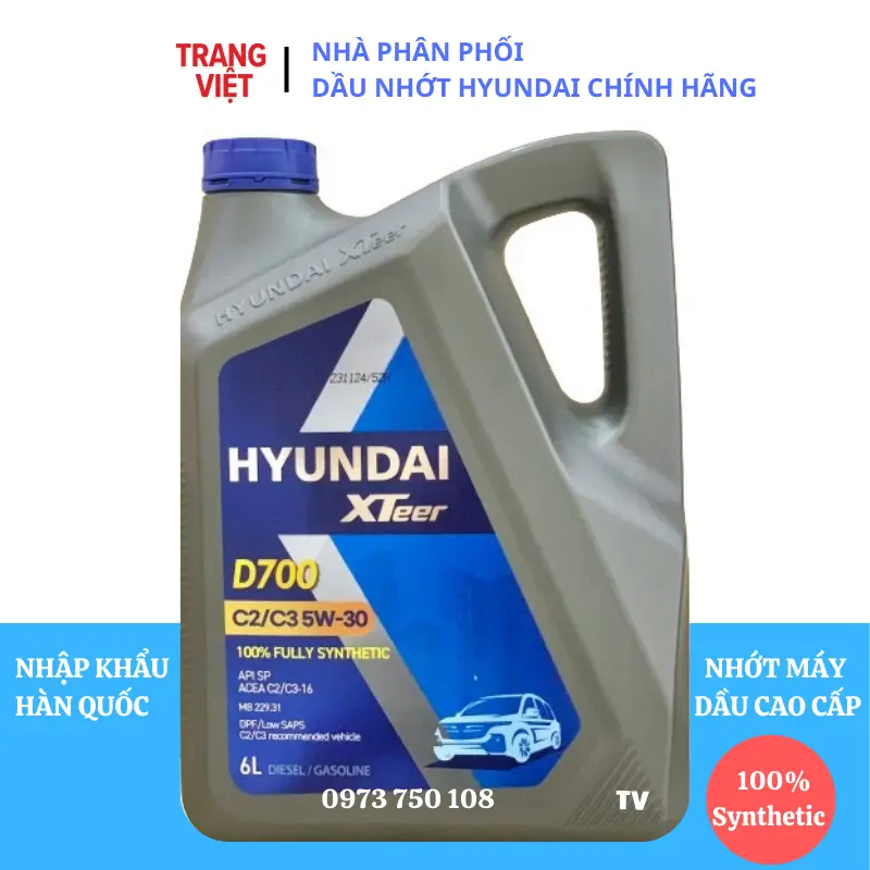 Dầu nhớt ô tô Máy Dầu cao cấp HYUNDAI XTEER D700 C2/C3 5W30_6L - 100% synthetic (tổng hợp toàn phần) 0
