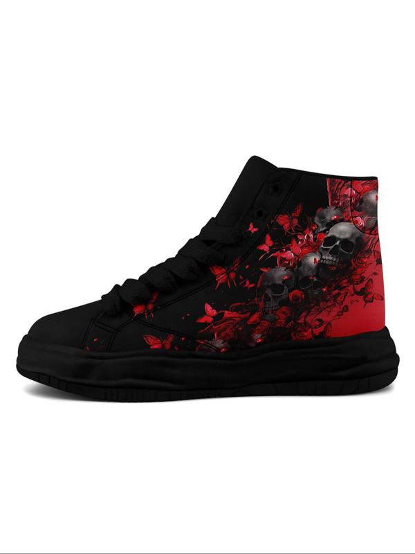 Women's Floral & Skull Print Lace Up High Top Canvas Sneakers, Fashionable Skull Pattern Shoes for Daily Wear, Casual Comfortable Sports Shoes for Women & Girls 3