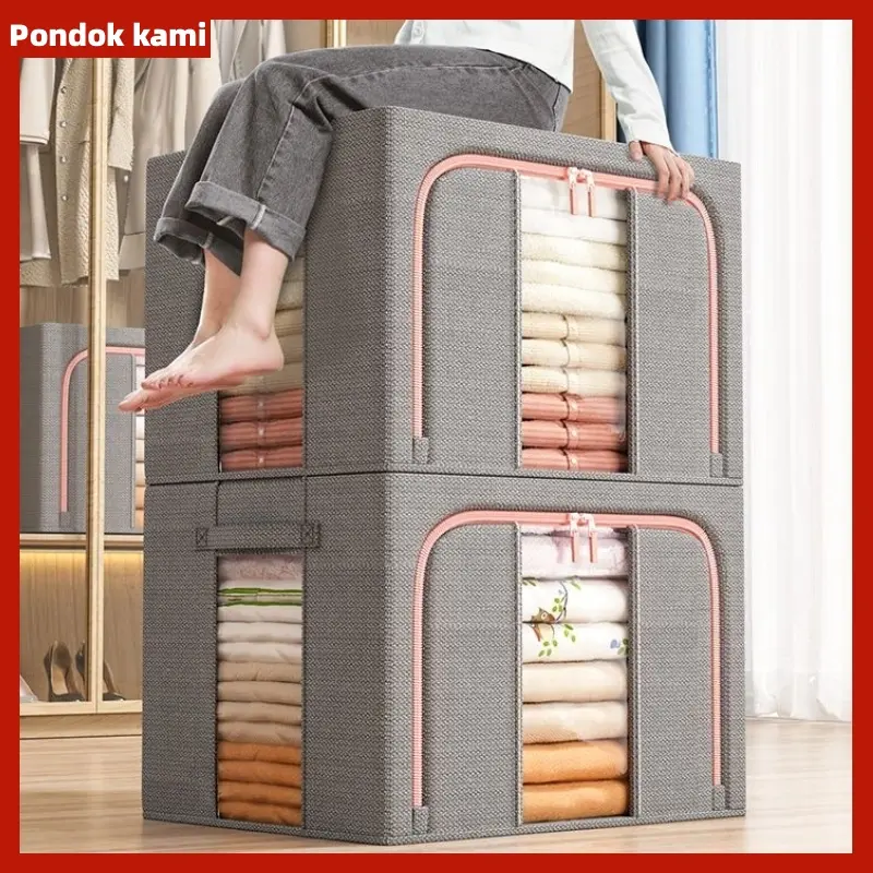 Kebutuhan keluargaLinen katun berkualitas tinggi Storage Box  Kotak penyimpanan pakaian besar  Serbaguna Rumah organizer box Lipat Frame baja  box storage organizer box storage 0