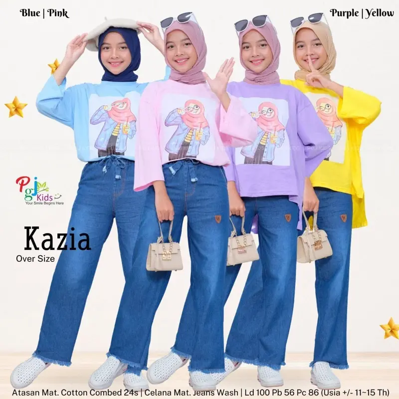 [BISA COD] NEW KAZIA SETELAN REMAJA USIA 11-15 TAHUN MATT COTTON COMBED 24s PANTS JEANS WASH PREMIUM SET MUSLIM ANAK KAOS OVERSIZE+KULOT MURAH