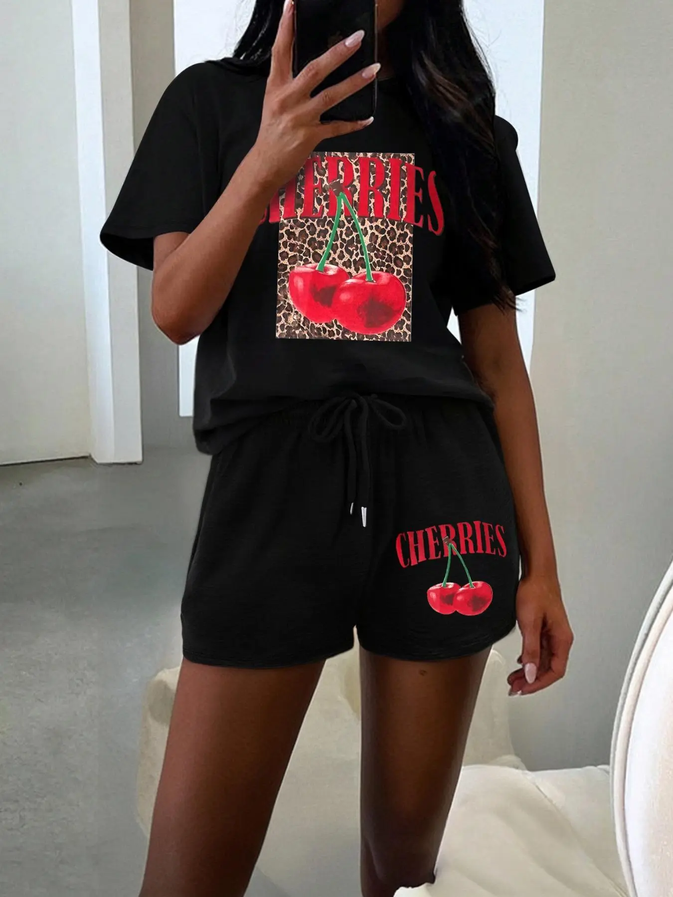 Two-piece Set Women's Cherry & Letter Print Short Sleeve Tee & Shorts, Casual Fashion Cozy Round Neck T-shirt & Shorts for Daily Outdoor Wear, Ladies Summer Clothes, Suits
