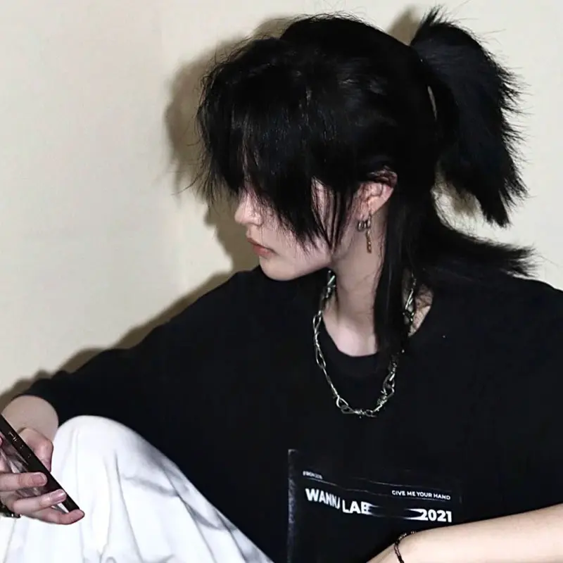 Samurai hair wig handsome neutral mullet head fluffy wolf tail wig for men and women