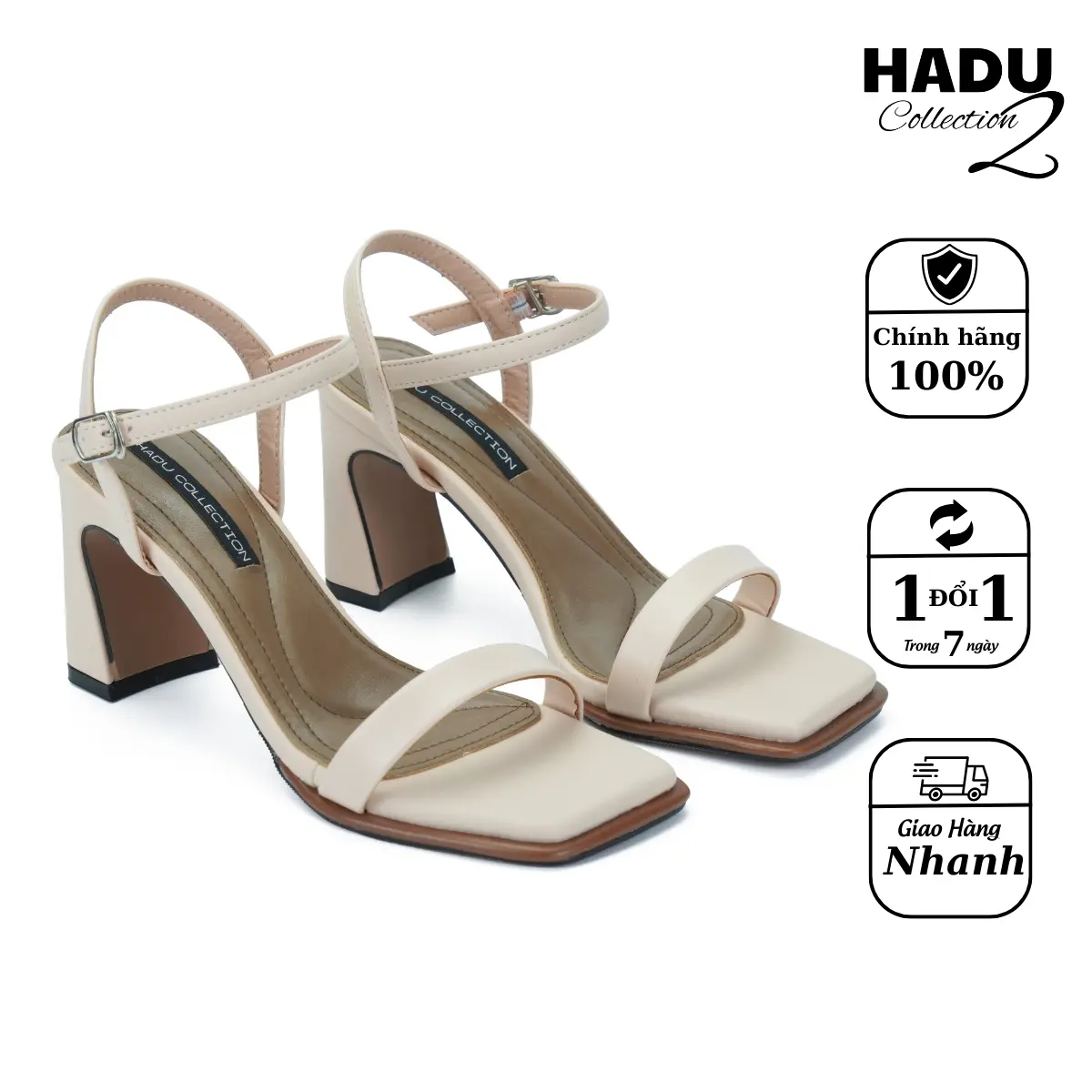 Giày Sandal Cao Gót 7P Đế Vuông Quai Ngang EVELYN HADU M7144 Da PU Cao Cấp Đế TPR Chống Trượt BH 12T Nữ DéP Women Shoes Nhung