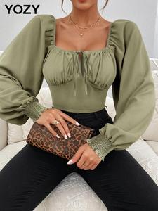 YOZY Women's Plain Tie Front Ruched Crop Blouse, Casual Bishop Sleeve Shirred Top for Daily Wear, Ladies Clothes for All Seasons