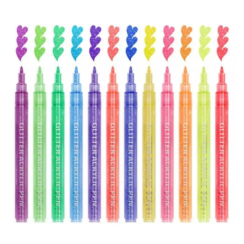 Glitter Marker Pen Set, 1 Set 12 Color 0.7mm/3mm Fine Tip Glitter Acrylic Paint Pen, DIY Marker Pen for Crafts, Paper, Rock, Wood, Glass and Fabric