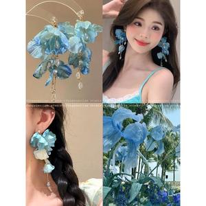 Hoa Tai Hoa Màu Xanh Dương, Luminous Rouge ~ Thiết Kế Siêu Thanh Lịch Mùa Hè, Độc Đáo Thích Hợp Cho Kỳ Nghỉ, Dành Cho Phụ Nữ, Hoa Tai Dài Cỡ Lớn Kẹp Tai