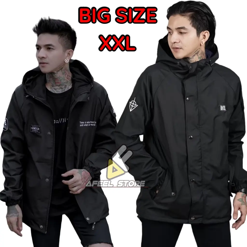 Jaket Parasut Jumbo  BIG SIZE L XL XXL Original - Jacket Motor Pria Premium Waterproof  - Outdoor Distro Cowo Terbaru. Casual Nyaman Panjang Unisex Cowok Tebal Bomber Keren Hitam
