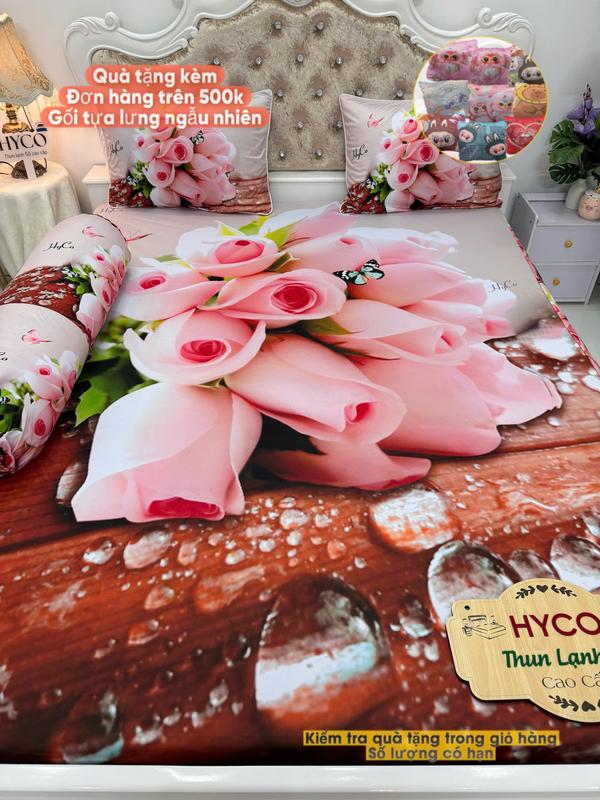  MẪU HOA HỒNG - BỘ GA GIƯỜNG NGỦ THUN LẠNH HYCO 5D ÔM KHÓA KÉO KHÔNG MỀN 