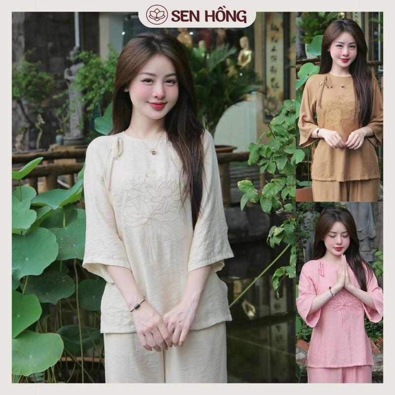 Bộ đồ Pháp phục nữ thêu sen - Mẫu quần áo Phật tử # đồ lam đi chùa trang nhã chất vải đũi lụa thêu sen mềm mát G30 0