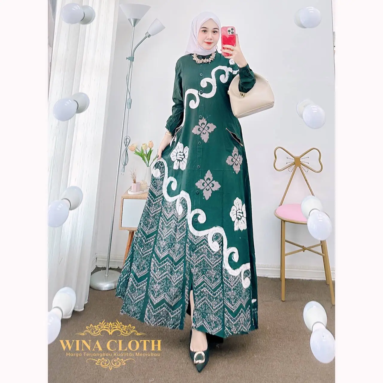WINA CLOTH - Gamis Twill Rayon Jumbo Pesta Mewah Elegan Simpel Dress Kondangan Terbaru Kekinian Green Fayruz M L XL XXL